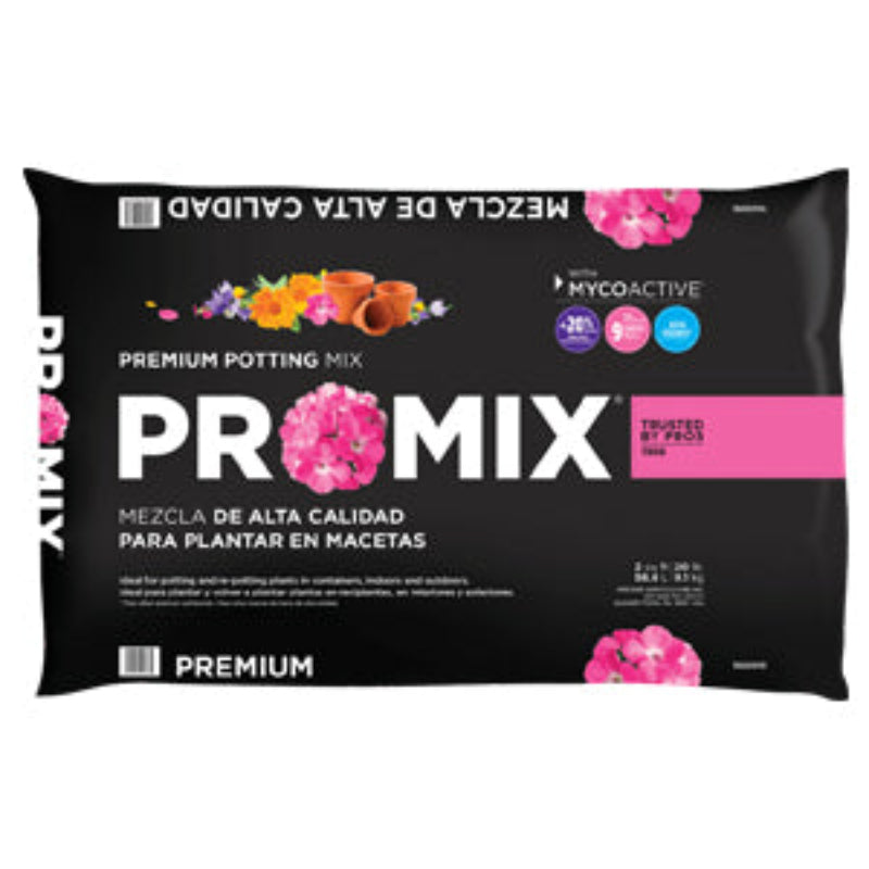 A 2 cubic foot bag of PRO-MIX Premium Potting Mix with floral graphics and text.